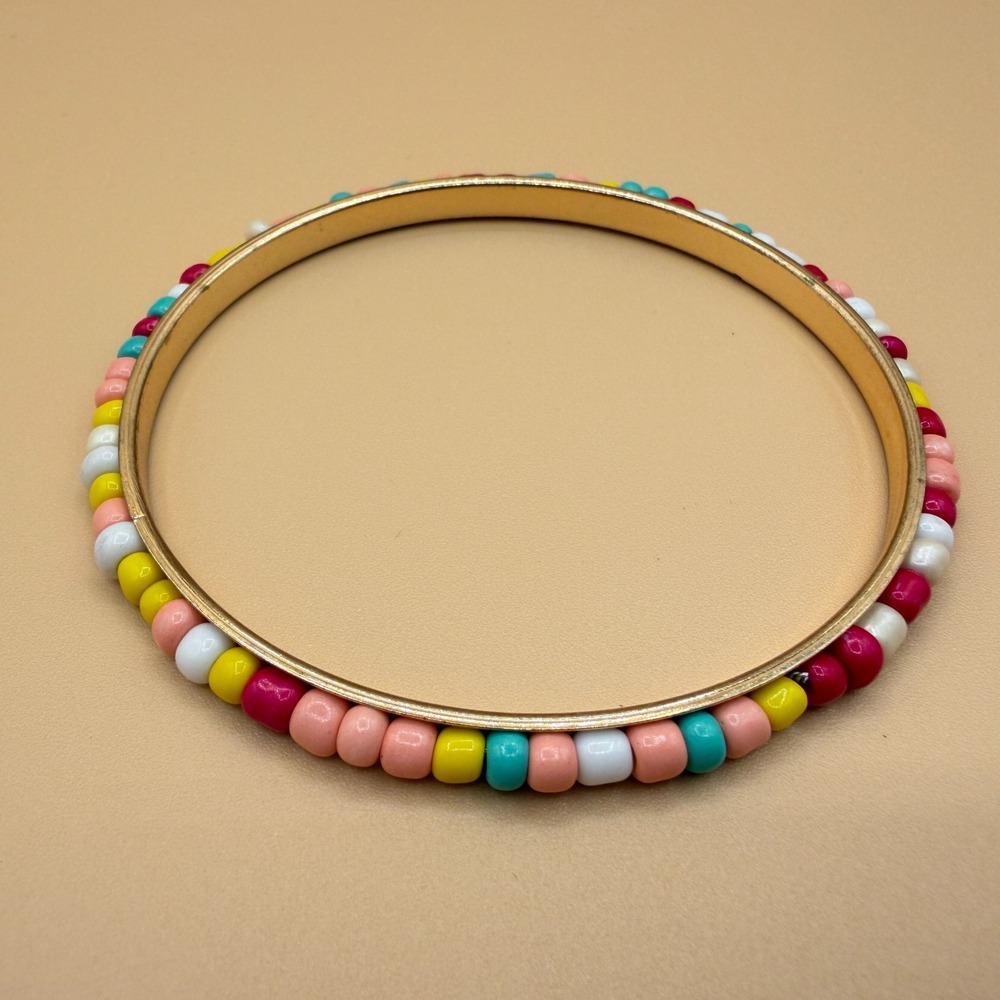 Multicolor Beaded Gold Tone Bangle Bracelet Colorful Boho Stackable Festival